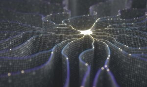 A visually striking abstract representation of a neural network, showing interconnected pathways with binary code (0s and 1s) on undulating surfaces. This convergence at a bright central focal point symbolizes data processing, connectivity, and the essence of learning in complex systems.