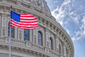 A close-up view of the dome of the United States Capitol building with a large American flag waving in the foreground against a partly cloudy sky, resembling a cover image for a federal resume. The architectural details of the dome and the windows are prominently visible.