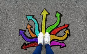 A pair of white sneakers standing on gray asphalt with multiple colorful arrows pointing in various directions beneath them, symbolizing choices and pathways.