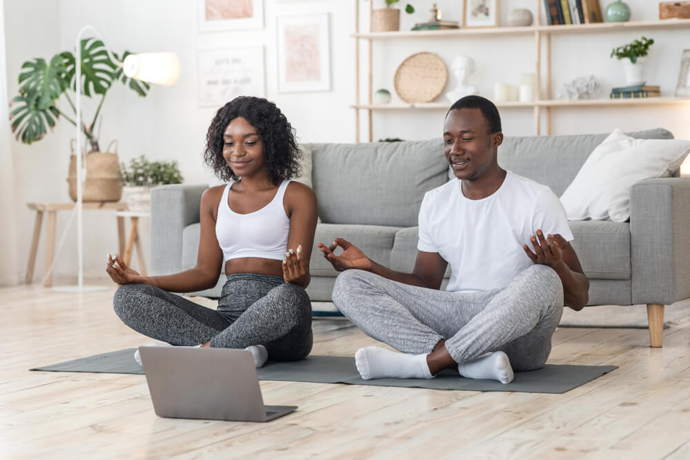 Online,Yoga.,Young,Black,Couple,Meditating,Together,At,Home,,Using Be Mindful of Your Mental Health During the COVID-19 Pandemic