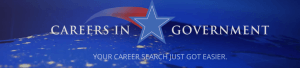 The "Careers in Government" logo stands against a blue backdrop with a star and red swoosh, accompanied by the text "Your career search just got easier." A silhouette of the North American continent is prominently featured in the foreground.