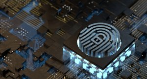 A close-up of a microchip on a circuit board, featuring a glowing digital fingerprint icon with a lock symbol in the center. The surrounding area displays intricate circuitry patterns illuminated by blue and gold light, emphasizing the theme of cybersecurity.
