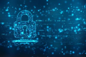 Digital illustration of a padlock made out of interconnected nodes and lines, symbolizing data security and cybersecurity. The background features binary code and abstract blue lights, giving a high-tech, secure feel.