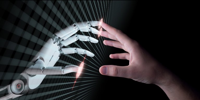 A human hand and a robot hand reaching out to touch fingertips, set against a grid-like digital background. The image symbolizes the connection and interaction between humans, technology, and government initiatives in advancing digital innovation.