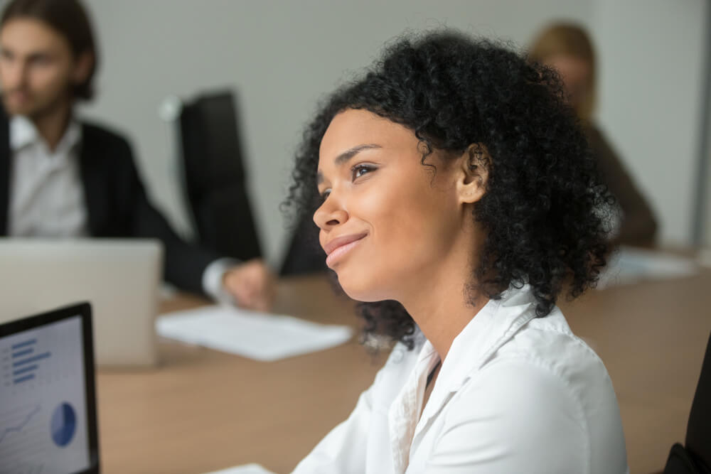 Smiling,African,American,Businesswoman,Looking,To,Future,Thinking,Of,Business leadership