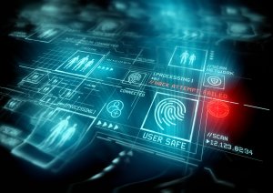 Dark, futuristic digital interface displaying various security scans and fingerprint verifications. The screen shows sections labeled "USER SAFE" with a green fingerprint, "HACK ATTEMPT FAILED" in red, and other network scan indicators and grid designs, emphasizing robust data security.