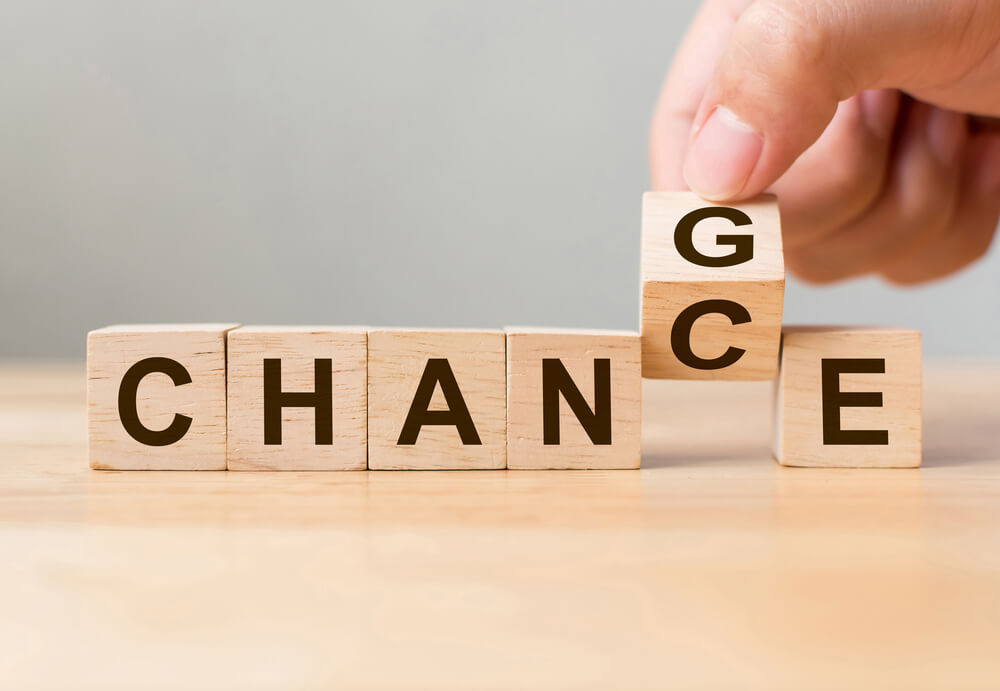 Hand,Flip,Wooden,Cube,With,Word,Change,To,Chance,,Personal