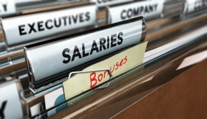A close-up of a filing system with labeled tabs. The primary tab reads "SALARIES," and another visible tab reads "Bonuses." Additional, partially visible tabs include "EXECUTIVES" and "COMPANY." The files, perhaps crucial for salary negotiations, appear to be organized in a drawer.