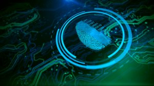 A glowing digital fingerprint is surrounded by concentric blue rings against a background of green and blue circuit patterns, symbolizing advanced cybersecurity and technology.