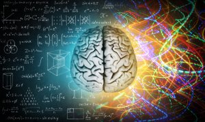 An illustration of a brain in the center, surrounded by mathematical equations, graphs, and geometric shapes on a blue and black background. On the right side, vibrant, colorful light streaks symbolize EQ's dynamic contrast against the structured mathematical imagery.