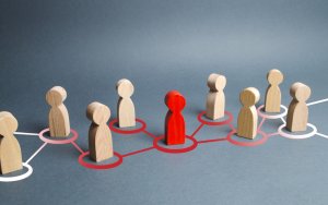 Wooden figurines arranged in a network connected by lines, with one red figurine in the center symbolizing leadership. The other figurines are natural wood color, standing on either side, visually representing a connected group or community with their leader at the core.