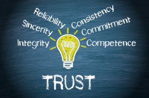 A chalkboard drawing features a glowing lightbulb surrounded by the words "Reliability," "Consistency," "Commitment," "Competence," "Integrity," and "Sincerity." Below the lightbulb, in large, bold letters, the word that ties it all together is written: "TRUST.