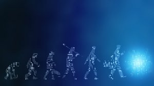 Digital representation of human evolution, starting from an ape and progressing to a modern human, depicted through circuit board patterns on a blue gradient background, concluding with a glowing, futuristic figure resembling workers merging into a matrix-like structure.