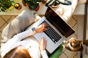 A person is sitting on a chair, remote working on a laptop with their legs crossed, surrounded by various potted plants. A cat is beside them, looking up. The person is wearing a white sweater and a smartwatch, and they are typing on the laptop’s keyboard.