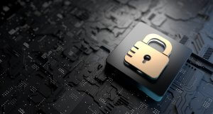 3D rendering of a golden padlock on a black circuit board. The padlock is centered, symbolizing government data security and protection within the digital and technological environment depicted by the circuit board.