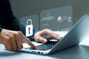 A person types on a laptop, with transparent cybersecurity icons overlaying the image. Icons include a padlock, a document with "DATA PROTECTION," and interface elements like "Username" and "Login." The image represents online security, data protection, and government regulations on digital privacy.