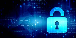 A glowing padlock icon is set against a digital background filled with binary code (1s and 0s) and blue light effects, symbolizing cybersecurity, data protection, and secure digital information—a crucial aspect of the many jobs available in military, government, and technical sectors.
