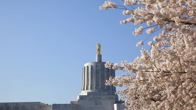 State of Oregon Capitol with Golden Pioneer Statue