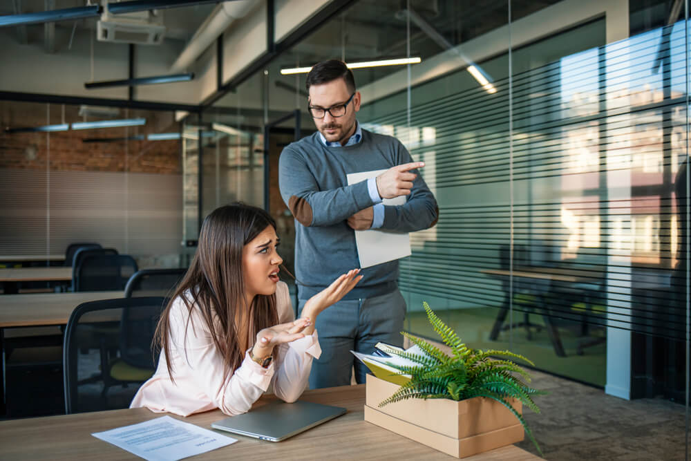 Woman,Fired,By,Male,Director.,Getting,Fired.,Angry,Boss,Pointing women's leadership