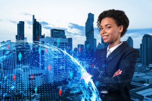 A confident woman in a business suit stands with arms crossed against a backdrop of a modern city skyline. Digital graphics of a glowing blue globe with network connections and human icons overlay the scene, representing career advancement through global networking and technology.