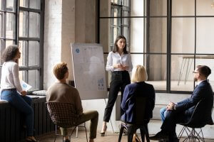 A woman stands and presents to a seated group of four people in a modern office setting with glass walls. A whiteboard with notes and diagrams illustrating their progress is positioned near her. The attendees are focused and engaged in the discussion.