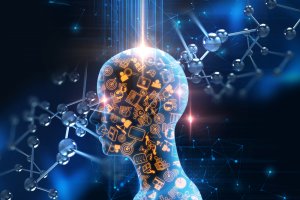 A digital illustration of a human head silhouette filled with glowing, interconnected icons representing technology and communication. The background features molecular structures and blue light streaks, conveying a theme of AI-driven innovation and artificial intelligence.