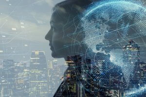 A woman's profile overlaid with a digital globe and network connections, set against a backdrop of a cityscape with tall buildings illuminated at night, suggesting a fusion of AI technology, human presence, and urban life.