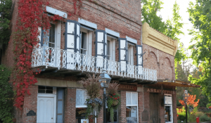 A historic Nevada County brick building with white shuttered windows and a decorative iron balcony, partially covered in red ivy. The ground floor houses businesses, including an assay office, surrounded by various plants and greenery.