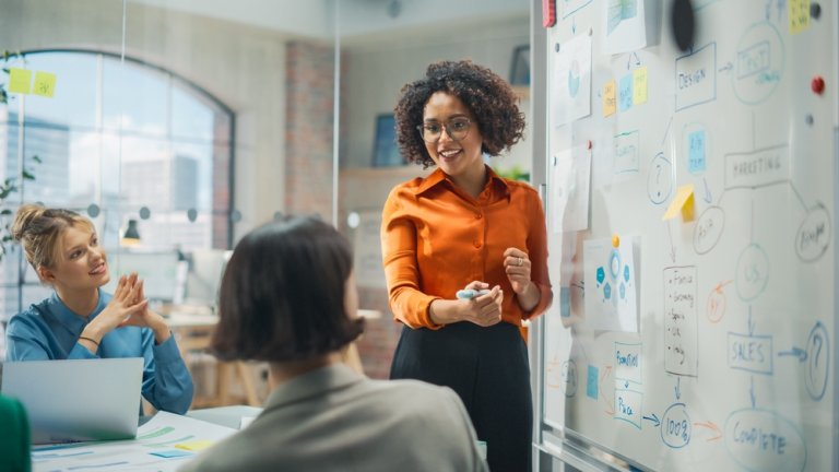 A woman dressed in an orange blouse and black skirt stands next to a whiteboard covered in diagrams and notes, smiling as she presents the results to two colleagues, one in a blue shirt and the other in a gray shirt, who are seated around a table in a modern office.