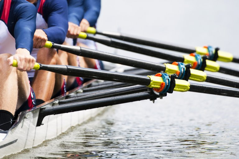 Close-up of a rowing team in action, showing hands gripping oars with yellow blades moving through the water. The leader and rowers, wearing blue sleeves, are synchronized in their strokes, generating ripples on the calm surface of the water.