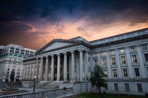 The exterior of The Department of the Treasury building in United States