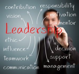 Man writes on a clear board the concepts connected to leadership
