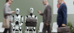 Two humanoid robots are seated in chairs, each holding a briefcase, in a waiting room. People in business attire walk past them, creating a blurred motion effect, highlighting the contrast between humans and robots. The minimalist background design features white chairs and a green wall, hinting at government efficiency.