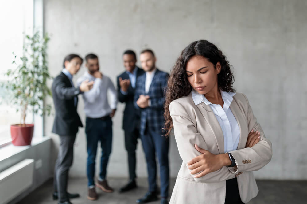 Workplace,Sexism,And,Bullying.,Unhappy,Victimized,Businesswoman,Standing,While,Her leadership