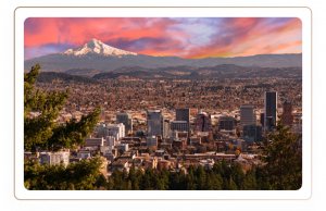 An image of the Portland, Oregon City scape with a blend of urban and rural area