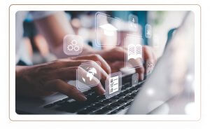 A person and icons floating indicating education and global networking