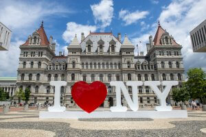 I Love New York Sign in front of the New York State Capitol Building