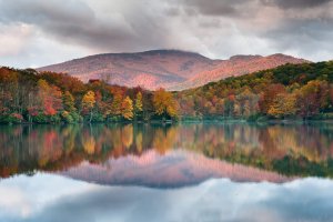 A calm lake near the City of Albany reflects colorful autumn trees and a distant mountain under a cloudy sky, creating a peaceful and vibrant landscape scene.