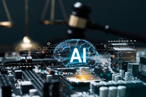 A computer motherboard with glowing circuits is overlaid with a digital brain and the letters "AI." In the background, a gavel and scales, symbols of justice, seamlessly blend technology with themes of law and governance.