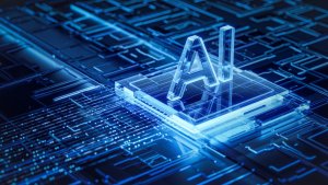 A digital illustration features the letters "AI" illuminated in glowing blue, seamlessly integrated into a transparent circuit board. The background showcases intricate, interconnected lines and patterns, symbolizing advanced AI technology.