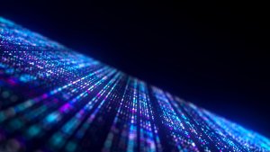 Close-up of a glowing digital matrix with rows of bright blue, pink, and purple lights extending from the lower left corner towards the upper right against a dark background, creating a sense of depth and motion, reminiscent of an AI-driven interface.