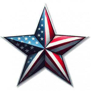 A five-pointed star decorated with the American flag design, featuring blue with white stars on the left and red and white stripes on the right, creating a patriotic appearance.