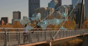 A person walks across a modern bridge in a cityscape, with skyscrapers and autumn trees in the background. The image features a digital overlay of a world map with Bitcoin symbols pinpointing various locations globally, hinting at lucrative careers in government and finance shaping the future.