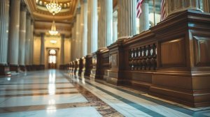 A grand hallway with marble floors and tall columns, illuminated by chandeliers. American flags line the walls, adding a patriotic touch to the elegant architecture, while subtle DEI influences enhance the space's welcoming and inclusive atmosphere.