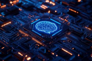 A digital circuit board with a glowing microchip in the center, featuring an illuminated brain icon symbolizing the future of employment. The board is surrounded by intricate pathways and small, orange lights, creating a futuristic and high-tech appearance.