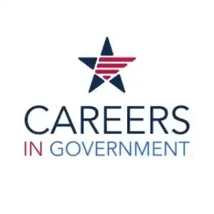 Logo for "Careers in Government" featuring a stylized star with blue and red segments. The words "Careers" in blue and "In Government" in red are beneath the star. The background is white.