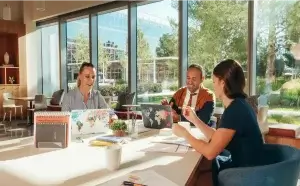 Three people sit around a table in a brightly lit office with large windows. Laptops on the table have world map designs. Outside, trees and a building are visible. Papers, pens, and a small potted plant are on the table. They appear engaged in discussion.