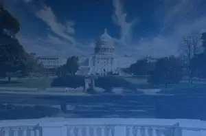The image shows the United States Capitol building under a clear blue sky. The iconic dome is prominent, surrounded by symmetrical wings. The foreground features a stone balustrade, with trees and grass framing the scene.