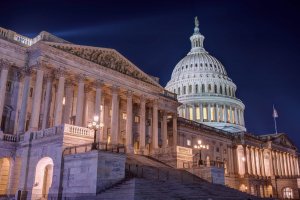 The U.S. Capitol building at night, illuminated with lights, highlights its grand dome, columns, and stone steps—a symbol of democracy and civil service—standing proudly under a clear dark sky.