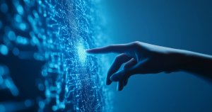 A hand reaches out and touches a glowing, digital interface with blue lights and circuitry patterns on a dark background, symbolizing interaction with advanced AI technology.